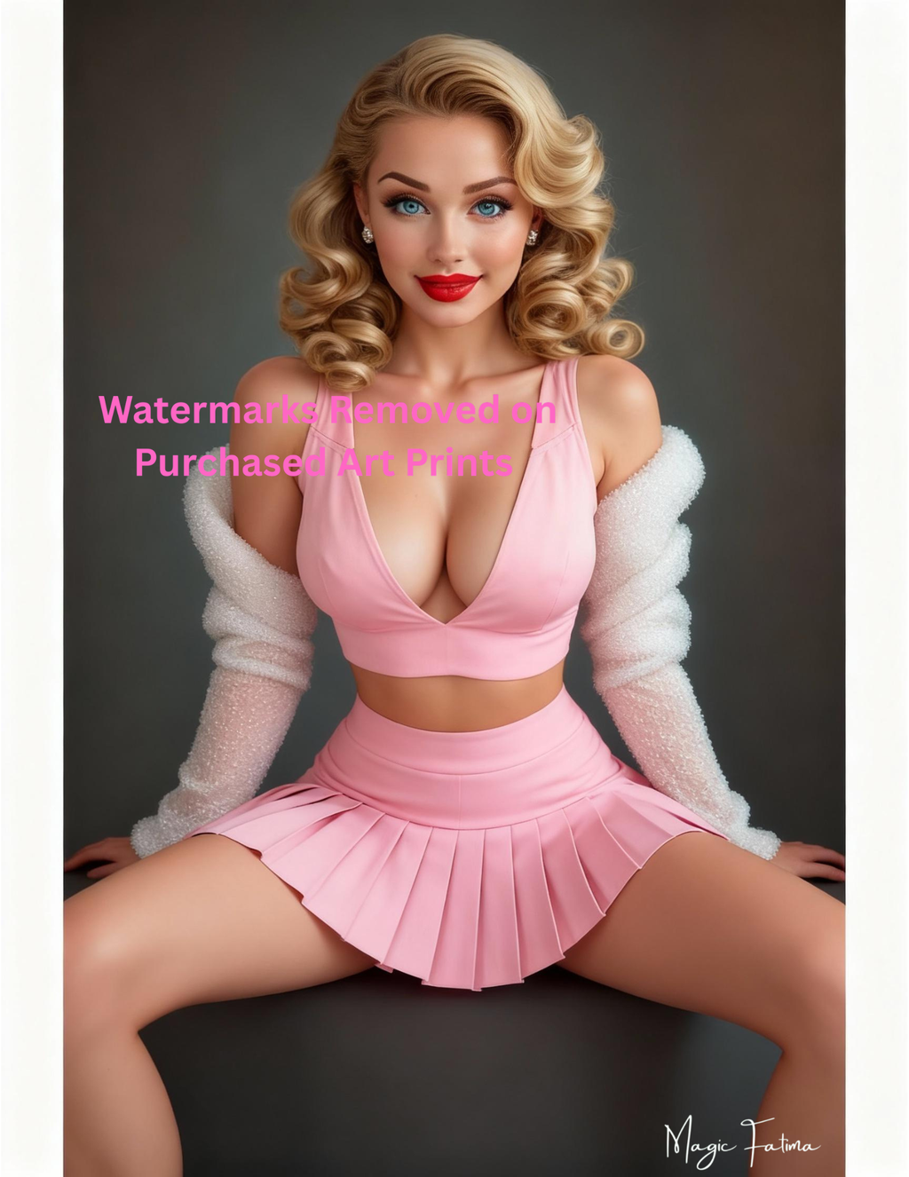 Woman in a pink outfit with a white cardigan on a dark background with nude version 2 included
