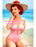 Woman in a pink swimsuit and straw hat on a beach with nude version 2 included