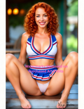 Woman in a red, white, and blue swimsuit sitting on a wooden deck with nude version 2 included
