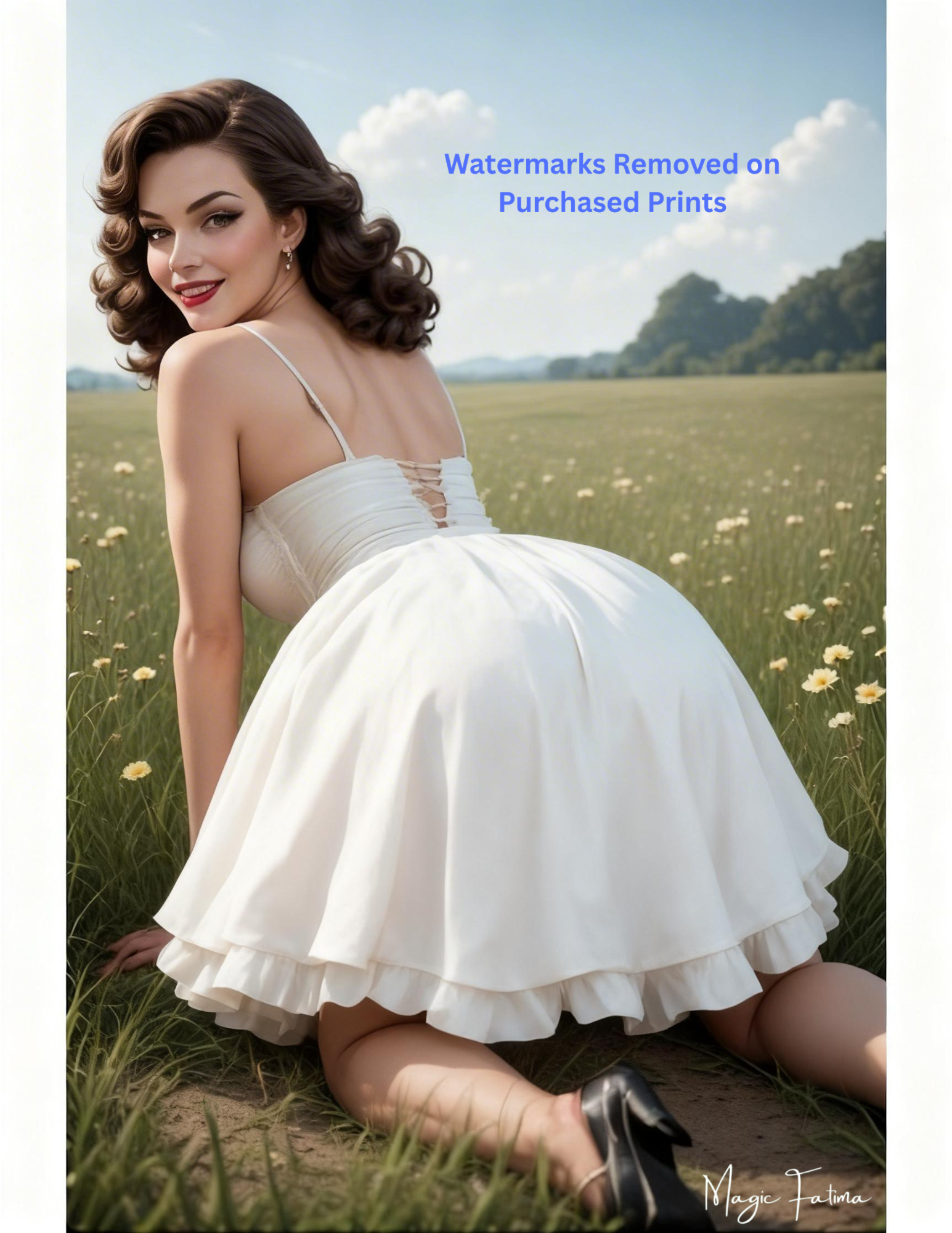 Woman in a white dress sitting in a field with nude version 2 included