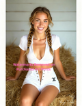 Woman in a white outfit sitting on hay with Nude Version included
