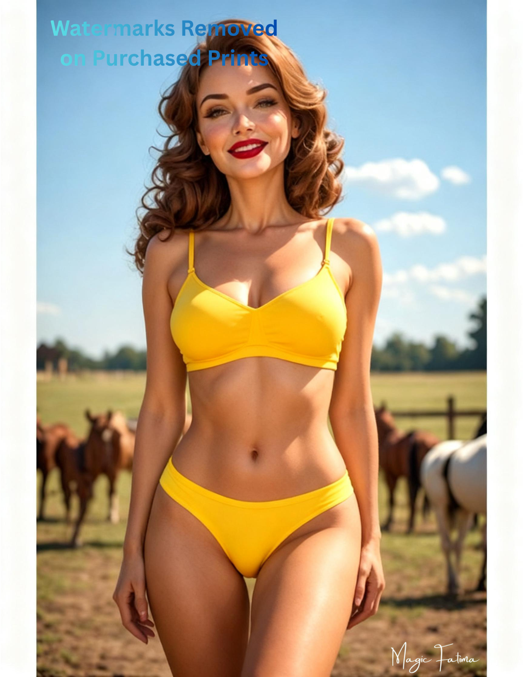 Woman in a yellow bikini standing in a field with horses with nude version 2 included