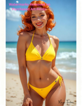 Woman in a yellow bikini standing on a beach with nude version 2 included