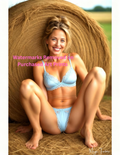 Woman in light blue lingerie sitting on a hay bale with Nude Version included