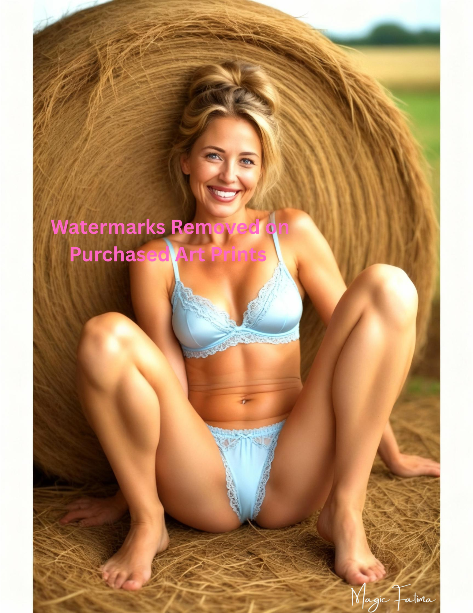 Woman in light blue lingerie sitting on a hay bale with Nude Version included