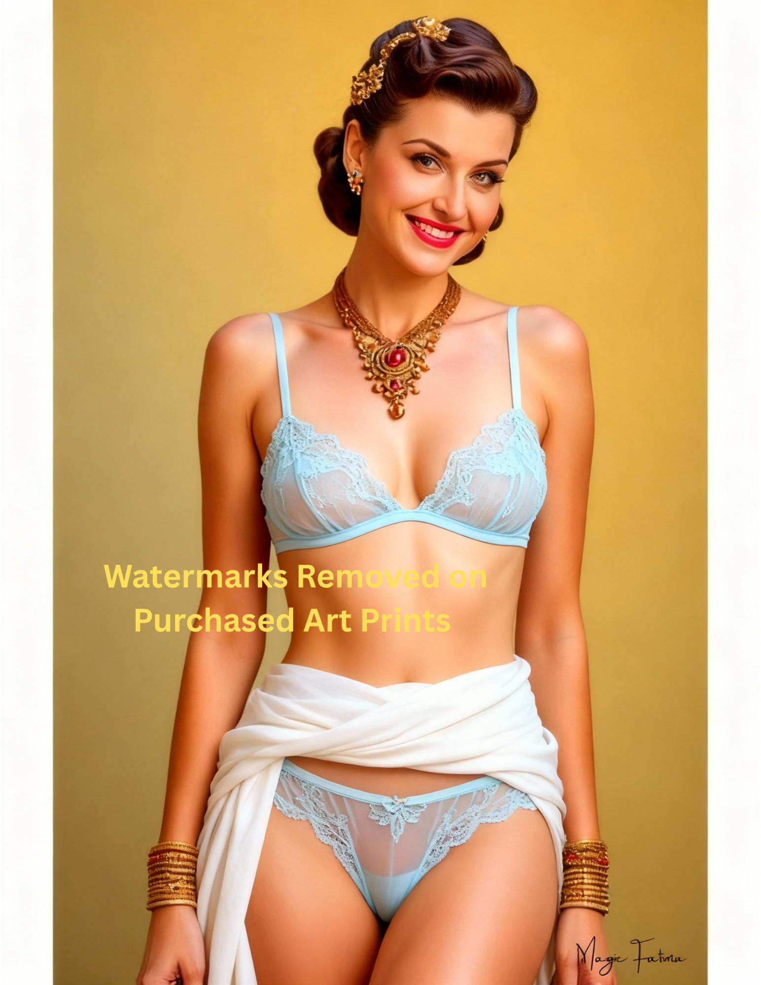 Woman in light blue lingerie with gold jewelry against a yellow background with nude version included free