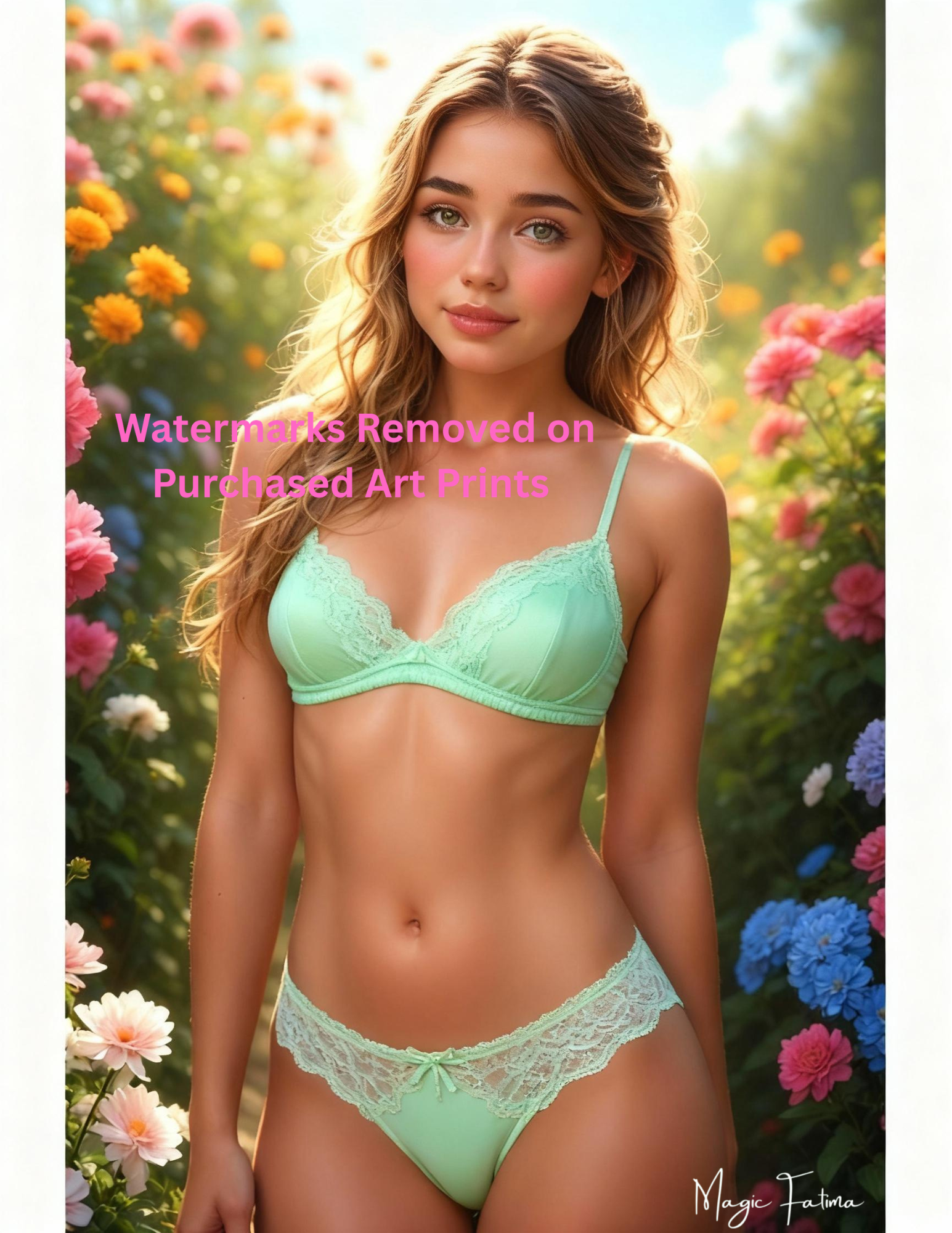 Woman in light green lingerie standing in a floral garden with nude version included