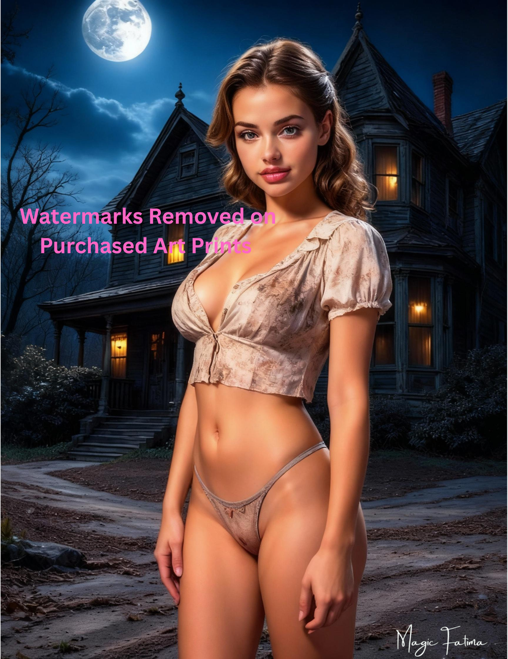 Woman in lingerie standing in front of a haunted house with a full moon in the sky with nude version 2 included