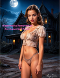 Woman in lingerie standing in front of a haunted house with a full moon in the sky with nude version 2 included