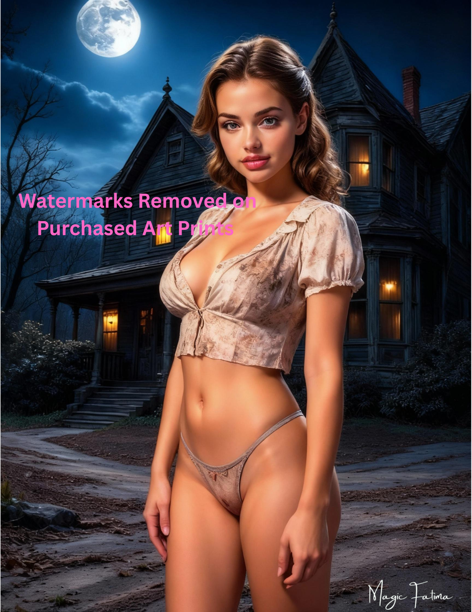 Woman in lingerie standing in front of a haunted house with a full moon in the sky with nude version 2 included