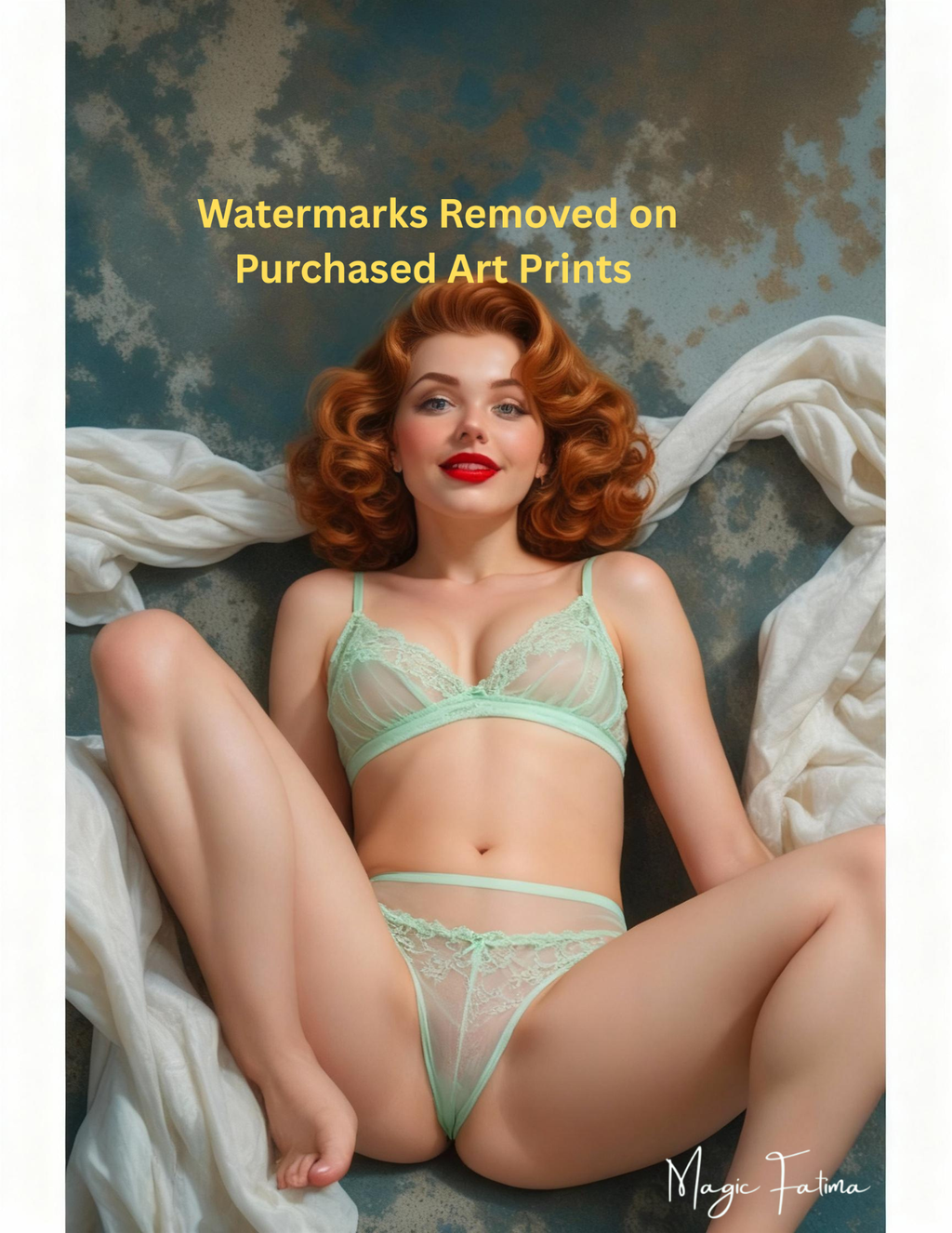 Woman in mint green lingerie sitting on a textured surface with nude version included