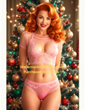 Woman in pink lingerie standing in front of a decorated Christmas tree with nude version included