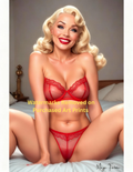 Woman in red lingerie sitting on a bed with nude version included free