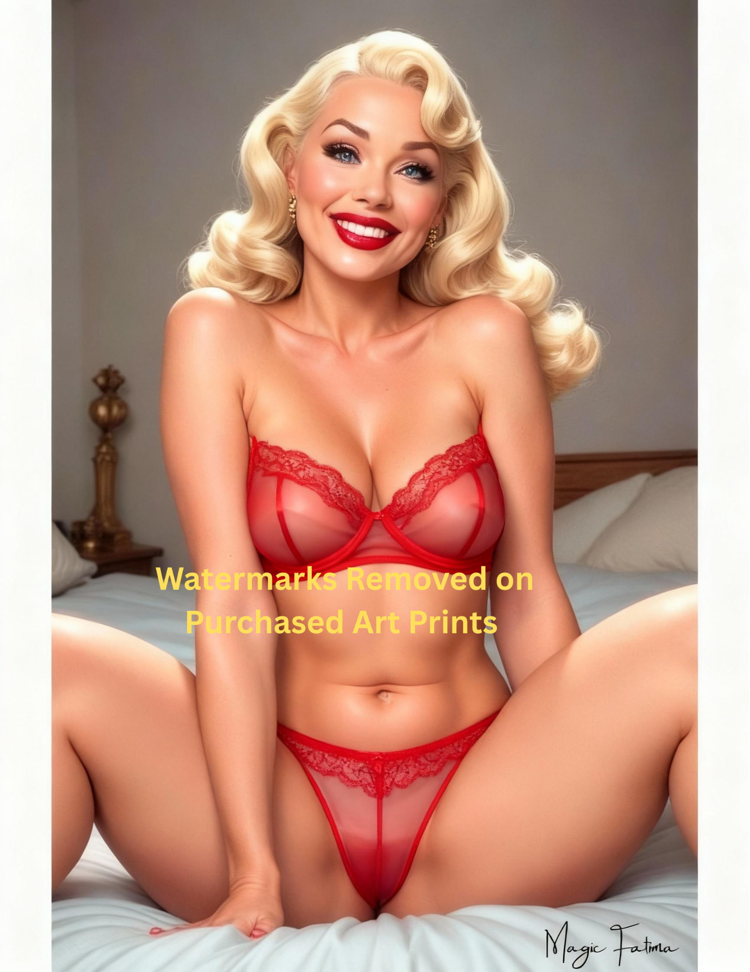 Woman in red lingerie sitting on a bed with nude version included free