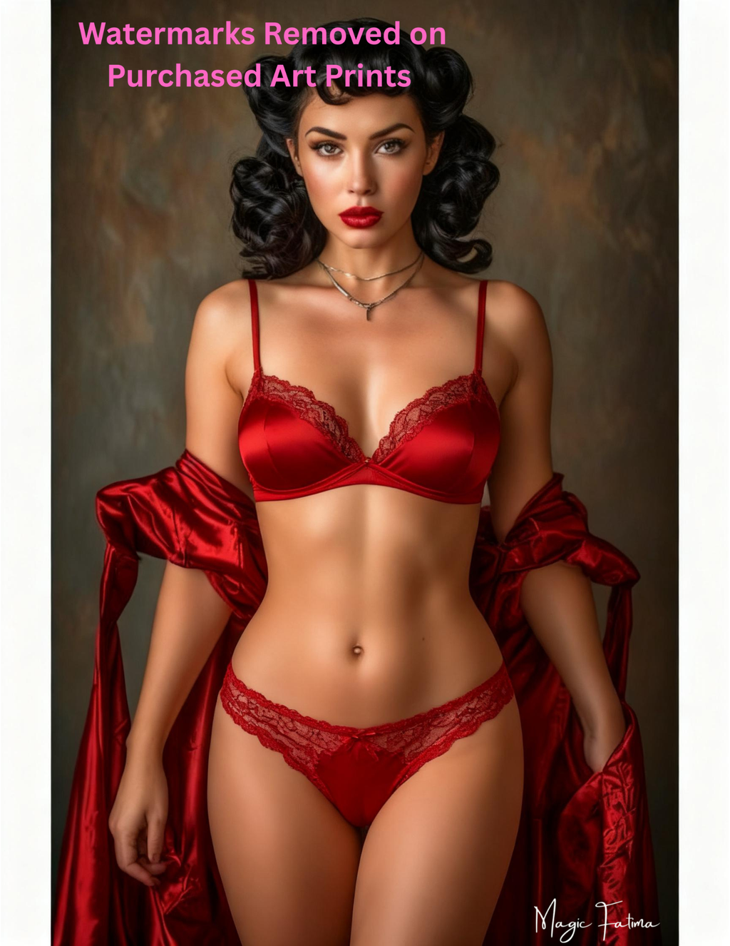 Woman in red lingerie with a draped fabric against a brown background with nude version 2 included