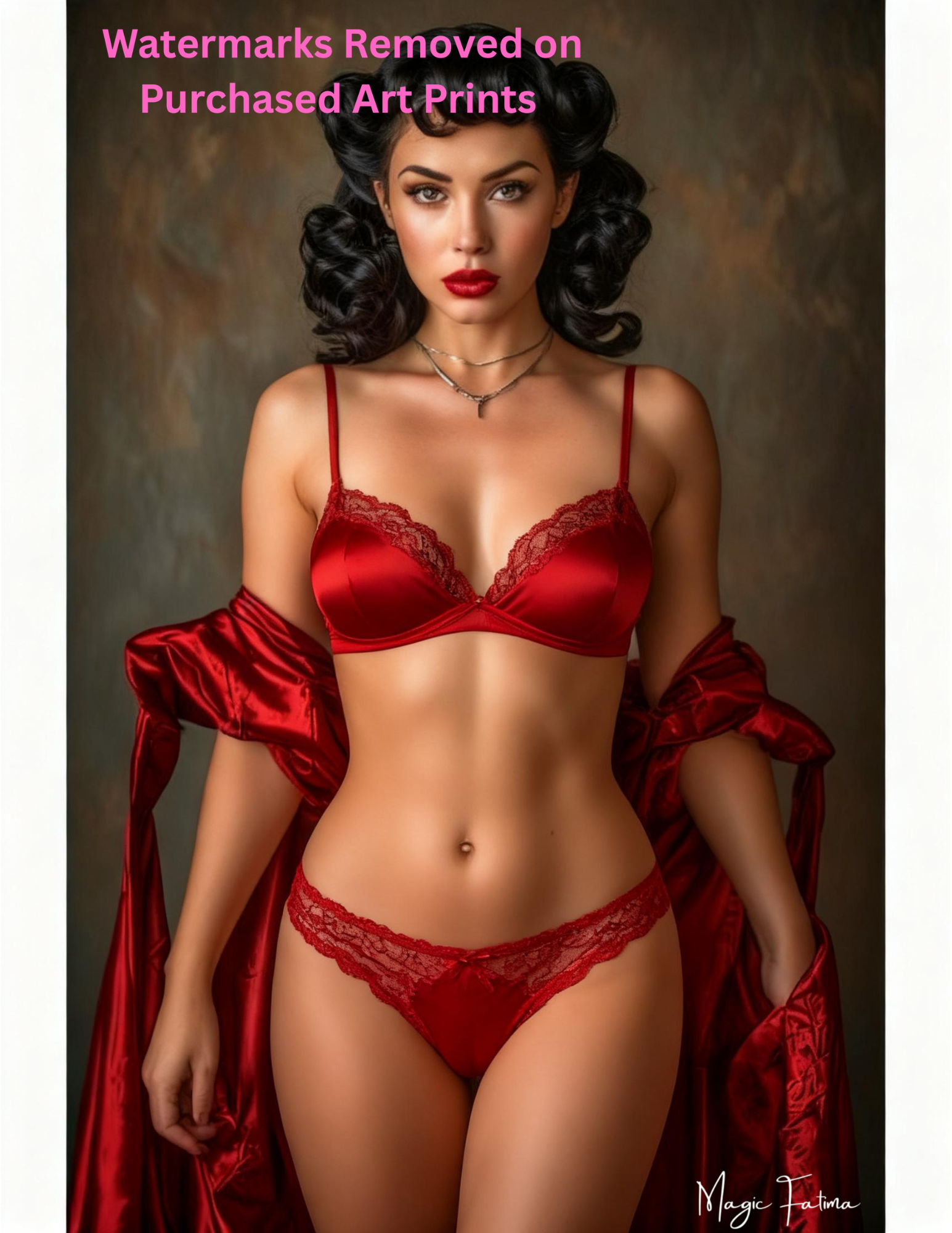 Woman in red lingerie with a draped fabric against a brown background with nude version 2 included