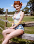 Woman sitting on a wooden fence in a rural setting with nude version included free