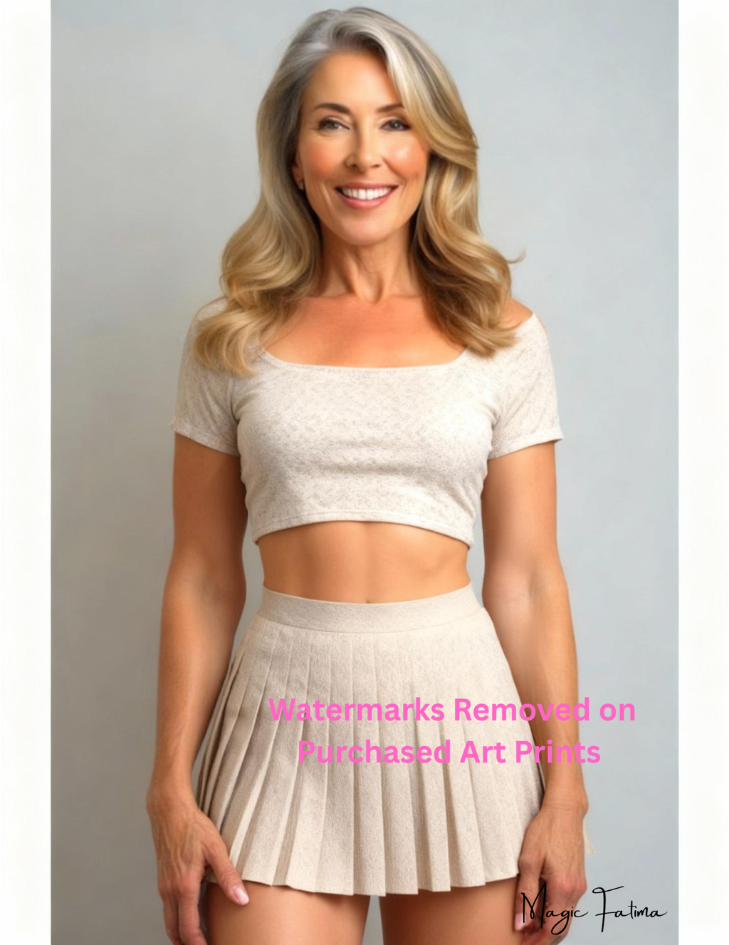 Woman wearing a beige crop top and skirt with nude version included