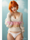 Woman wearing a beige sweater and white underwear 