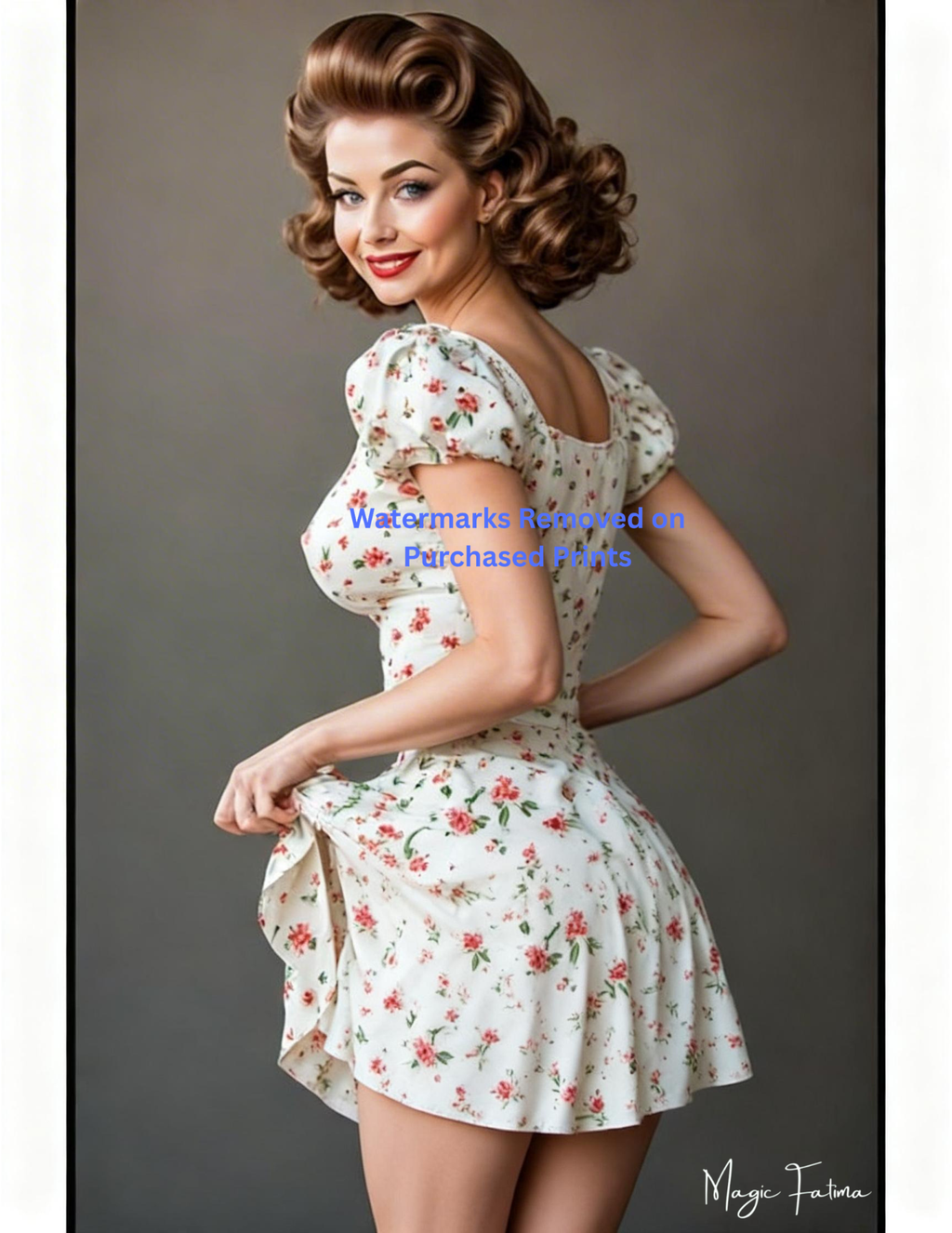 Woman wearing a floral dress against a gray background with nude version 2 included with nude version 2 included