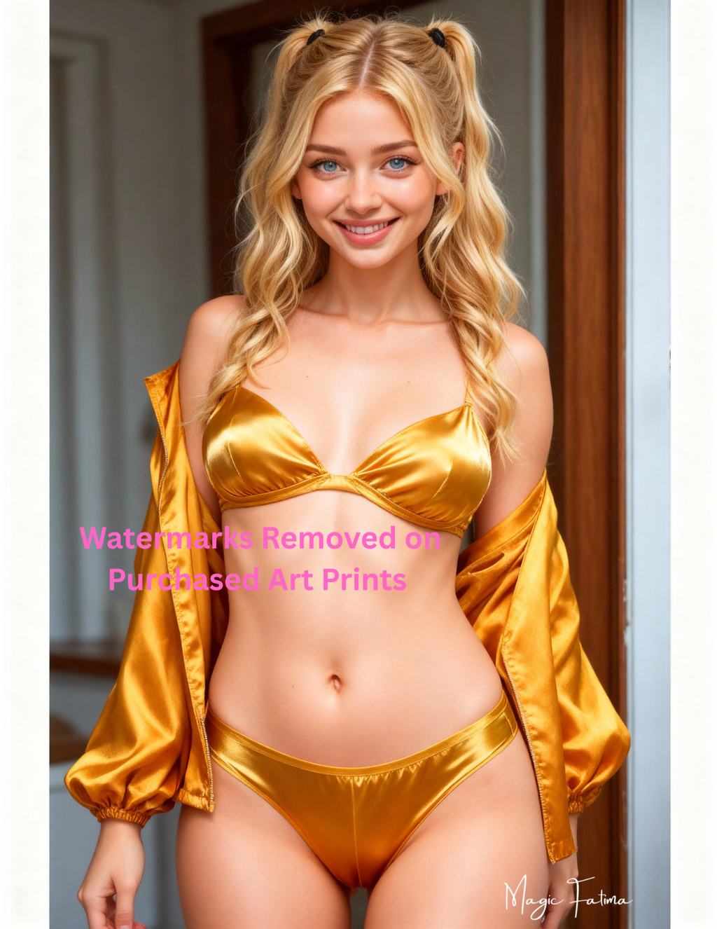 Woman wearing a gold bikini and jacket with nude version included