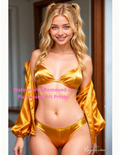 Woman wearing a gold bikini and jacket with nude version included