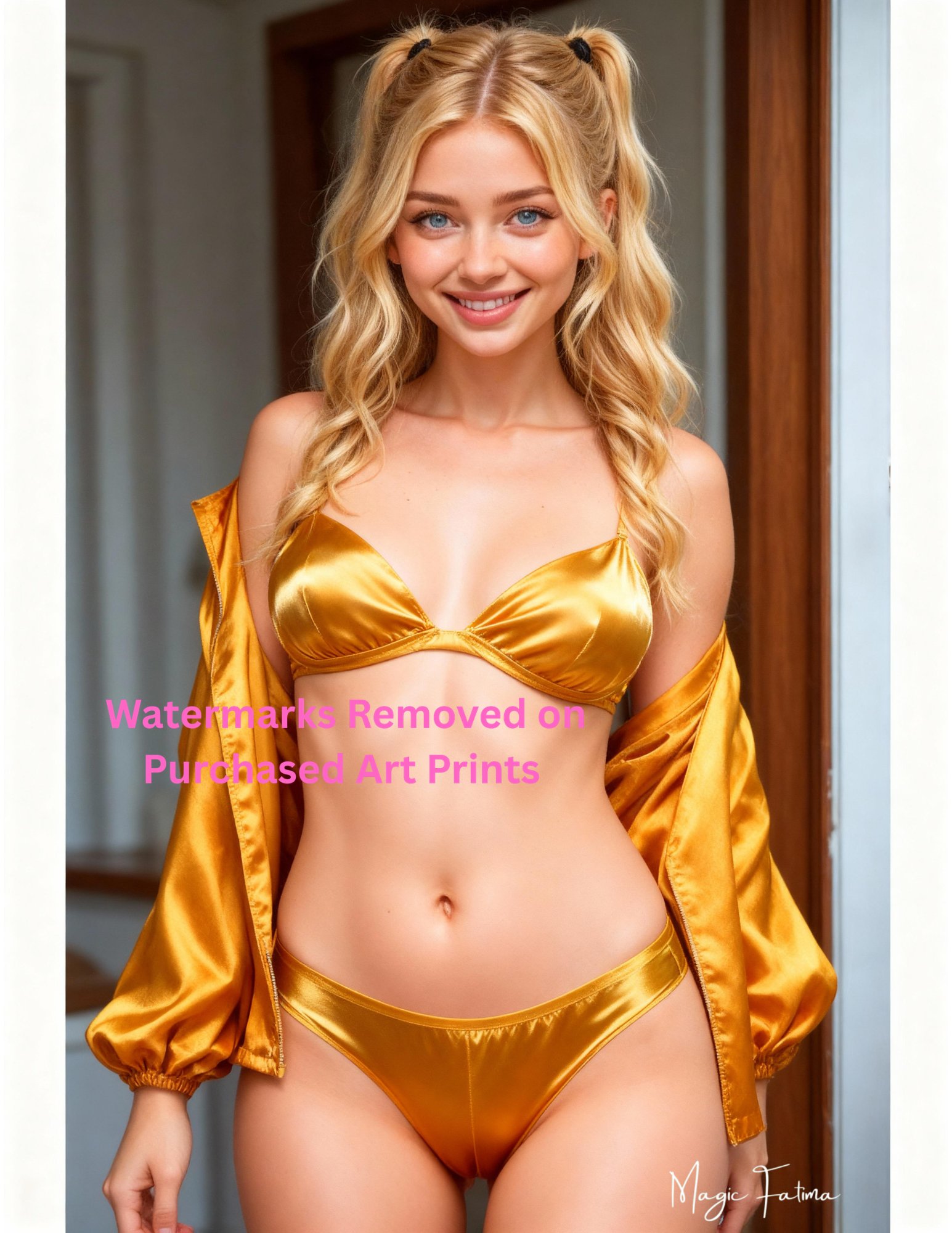 Woman wearing a gold bikini and jacket with nude version included