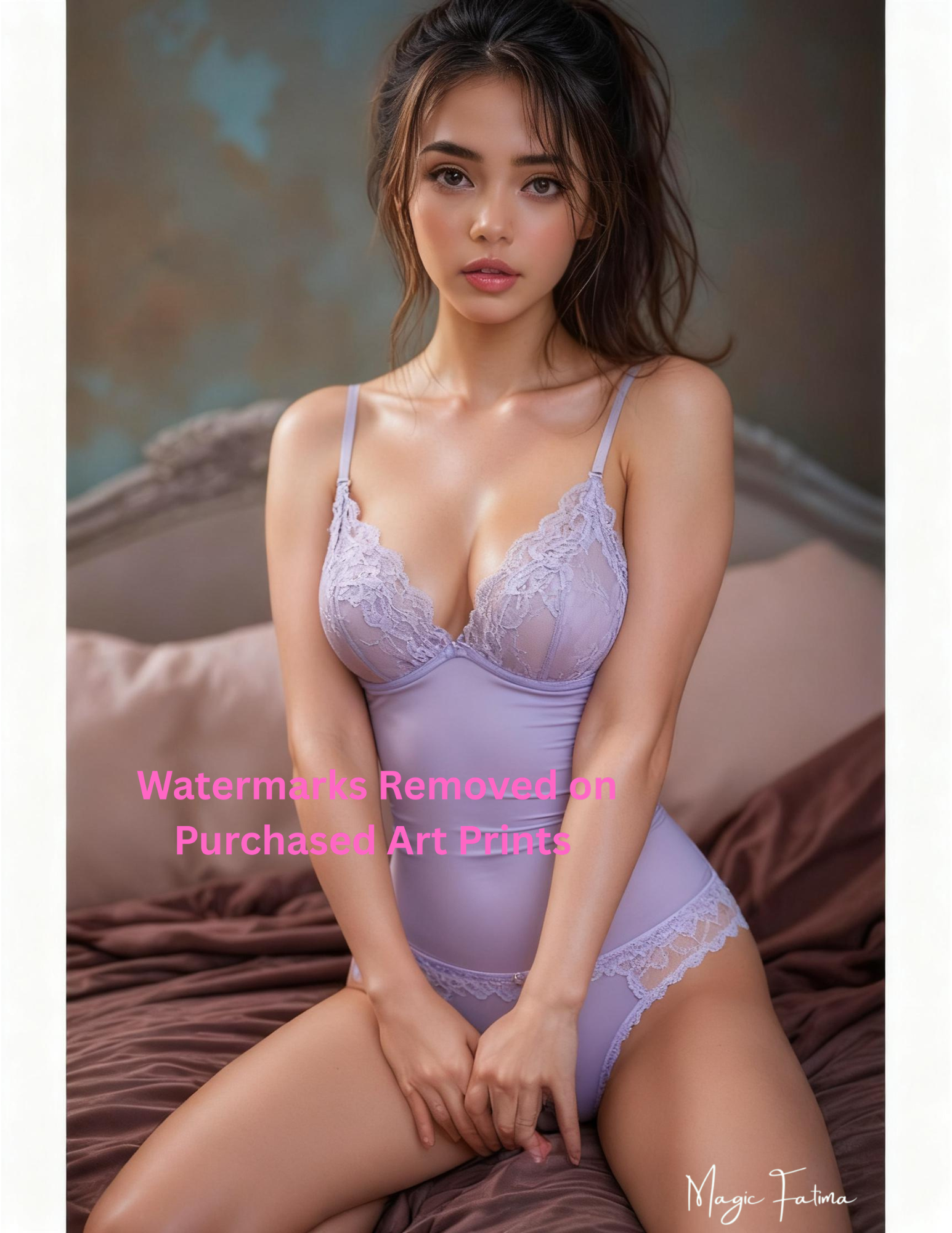 Woman wearing a lavender lingerie set sitting on a couch with nude version 2 included