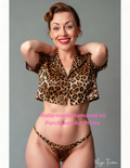 Woman wearing a leopard print outfit on a gray background