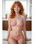 Woman wearing a pink lace bra and panties with nude version 2 included