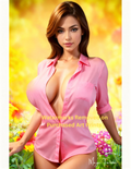 Woman wearing a pink shirt with a floral background with nude version included free