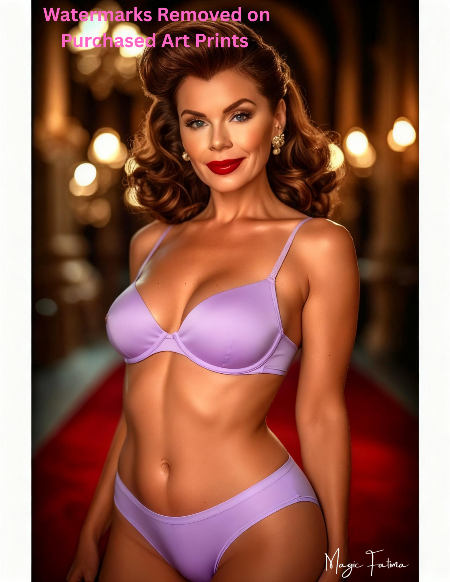 Woman wearing a purple bikini set with a blurred background with nude version included