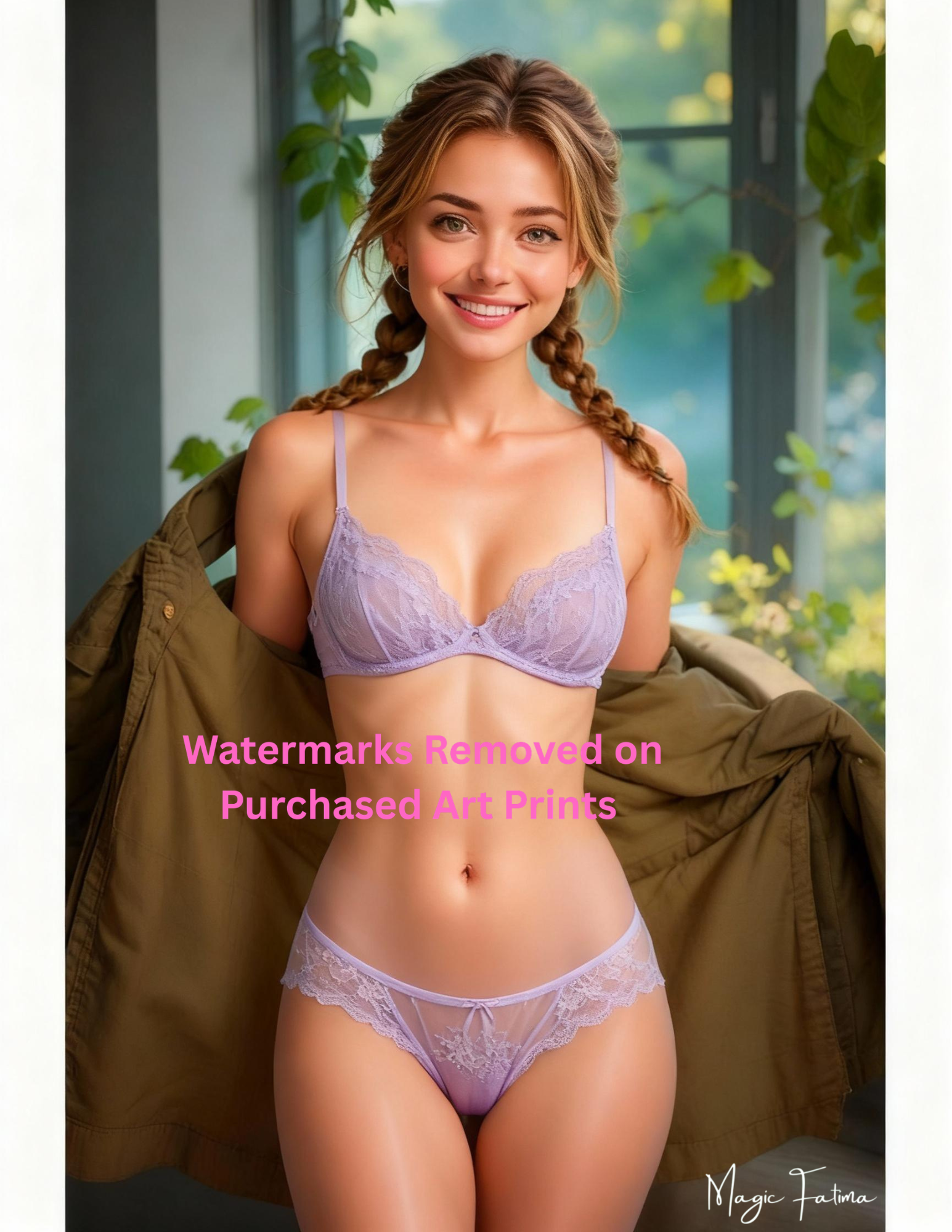 Woman wearing a purple bra and panties with nude version included