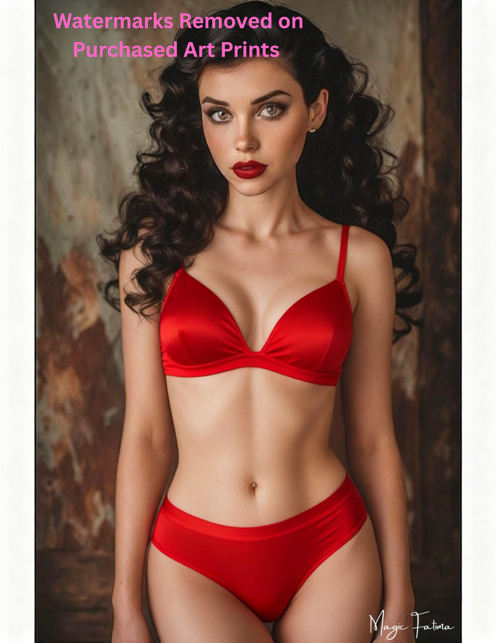 Woman wearing a red bikini against a textured wall background with nude version 2 included