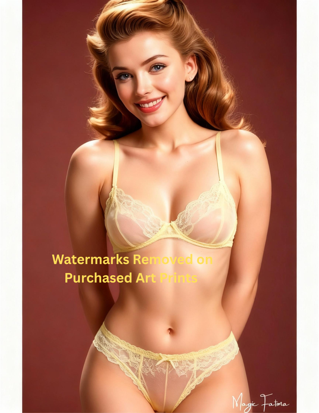 Woman wearing a yellow lingerie set on a brown background with nude version included free