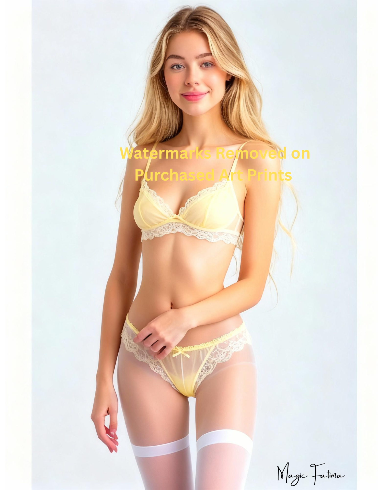 Woman wearing a yellow lingerie set on a white background with nude version included free