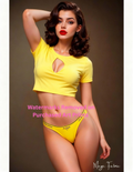 Woman wearing a yellow outfit with a cutout design on a brown background with nude version 2 included