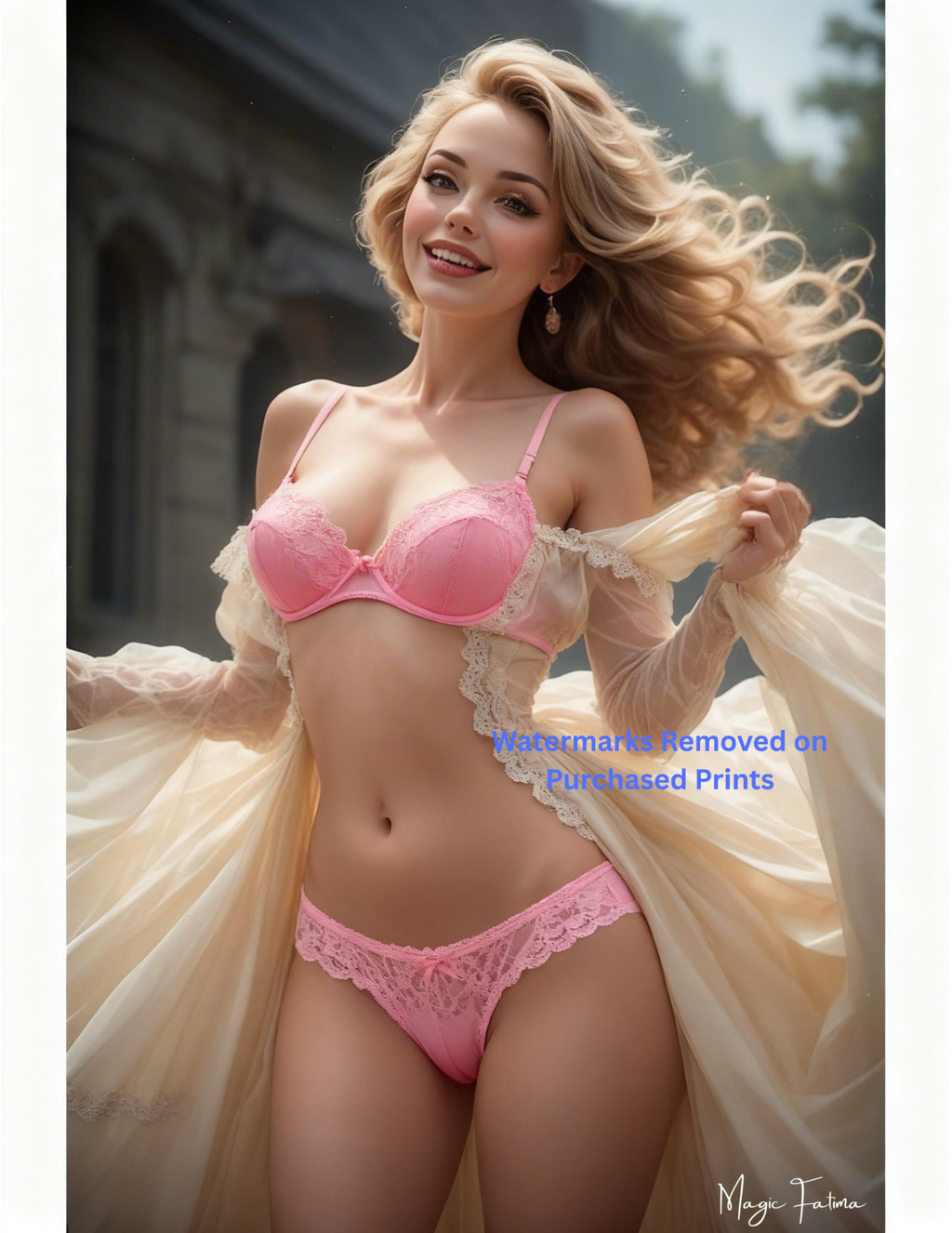 Woman wearing pink lingerie with nude version included