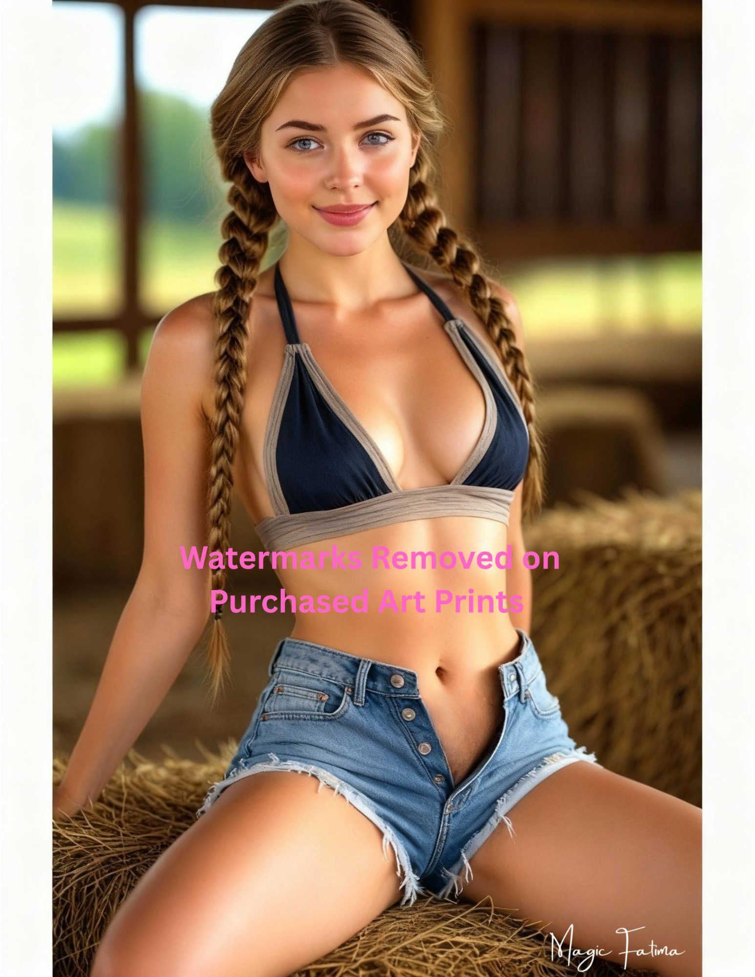 Woman with braided hair wearing denim shorts in a barn setting with Nude Version included