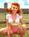 Woman with red hair sitting on a wooden fence in a field with nude version 2 included